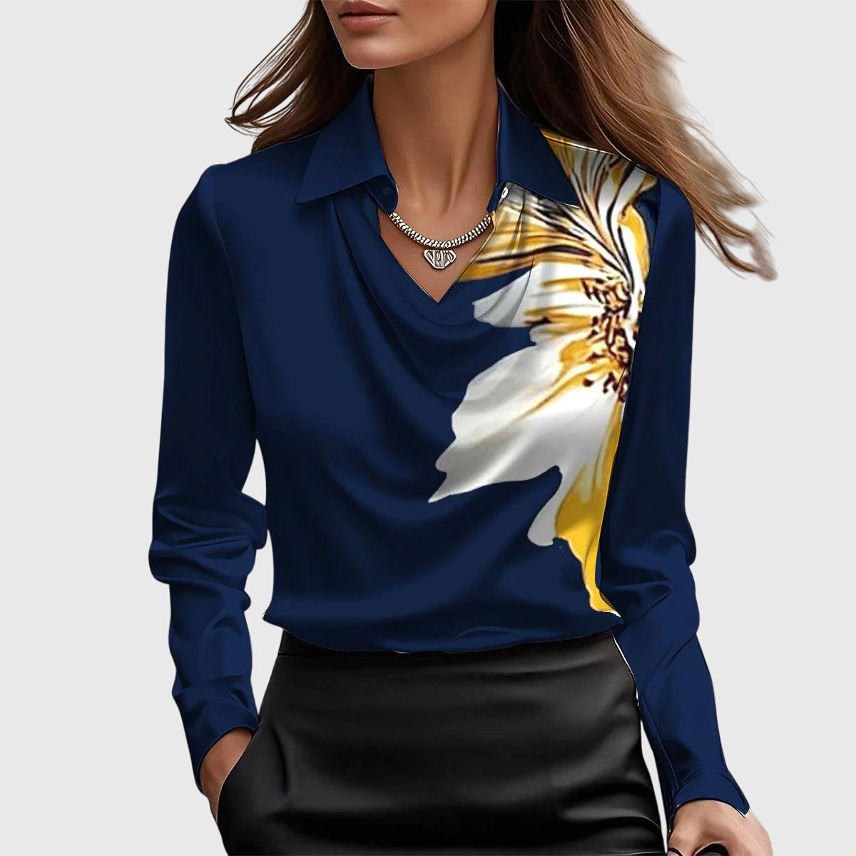 TERESA – Satin Blouse with Pleated Neckline